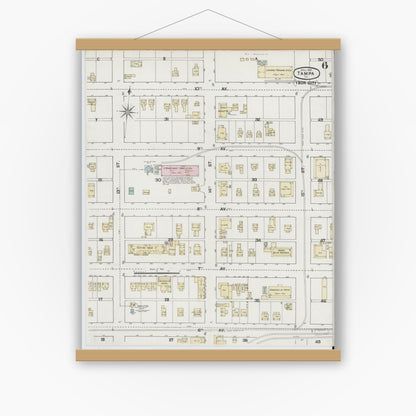 Old map wall art mockup — magnetic wood frame on white wall — Sanborn Fire Insurance Map from Tampa, Hillsborough County, Florida (1889), Sheet #0006