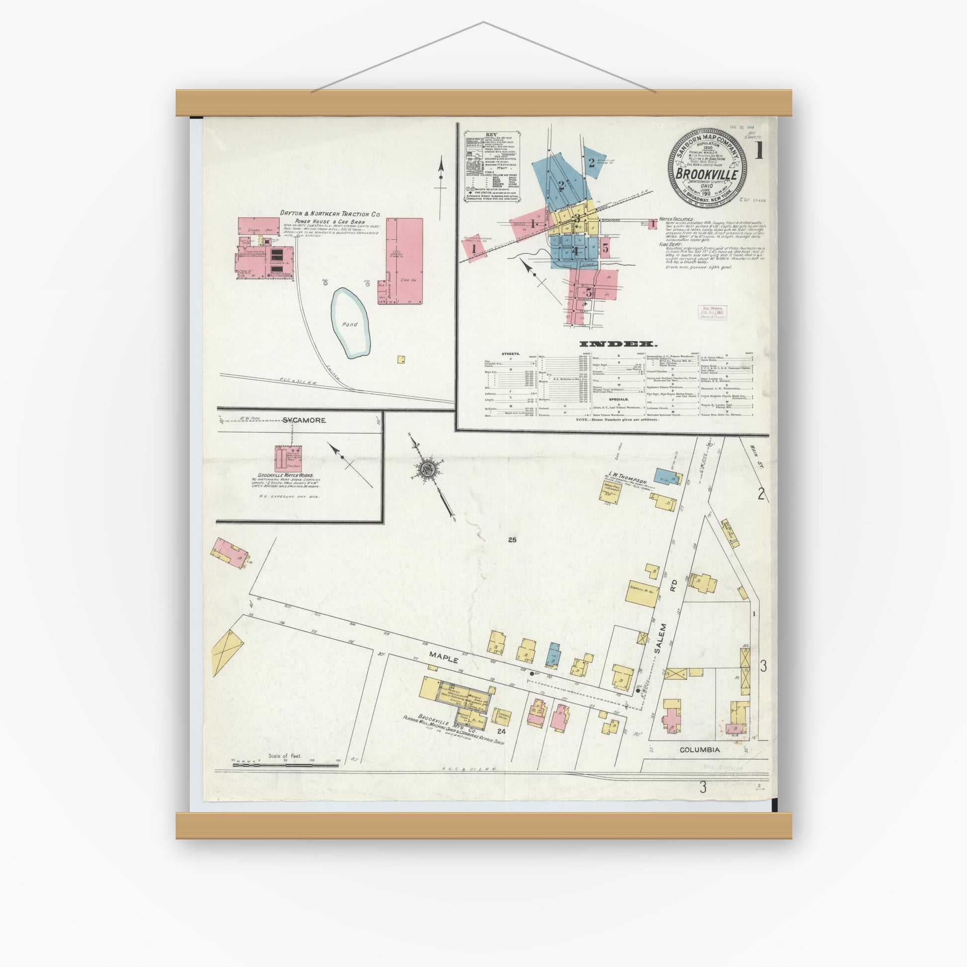 Old map wall art mockup — magnetic wood frame on white wall — Sanborn Fire Insurance Map from Brookville, Montgomery County, Ohio (1911), Sheet #0001