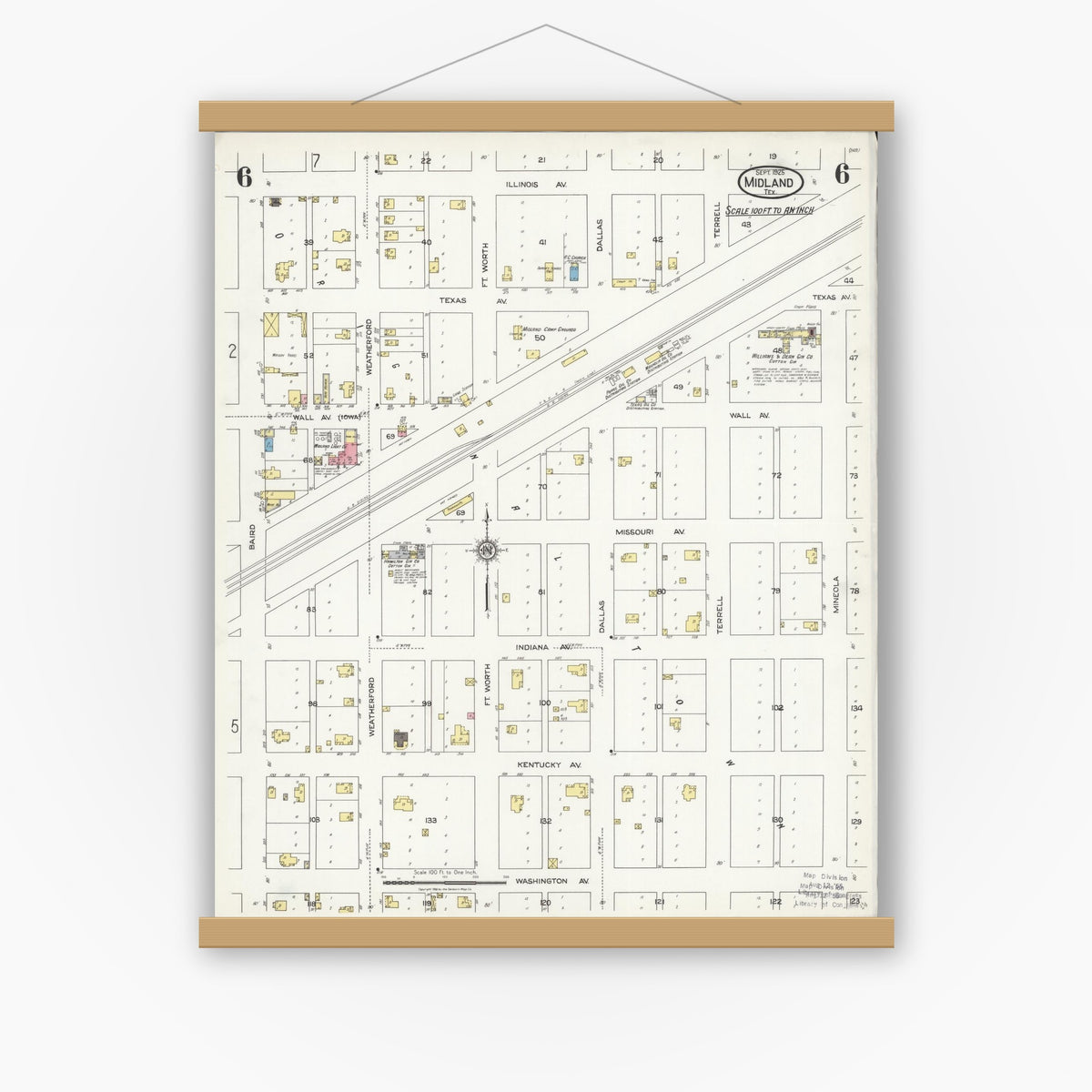 Old map wall art mockup — magnetic wood frame on white wall — Sanborn Fire Insurance Map from Midland, Midland County, Texas (1925), Sheet #0006