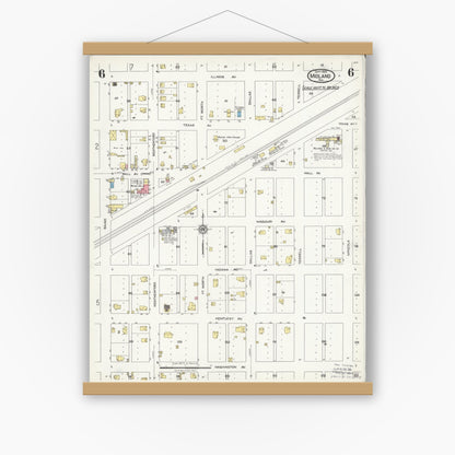 Old map wall art mockup — magnetic wood frame on white wall — Sanborn Fire Insurance Map from Midland, Midland County, Texas (1925), Sheet #0006