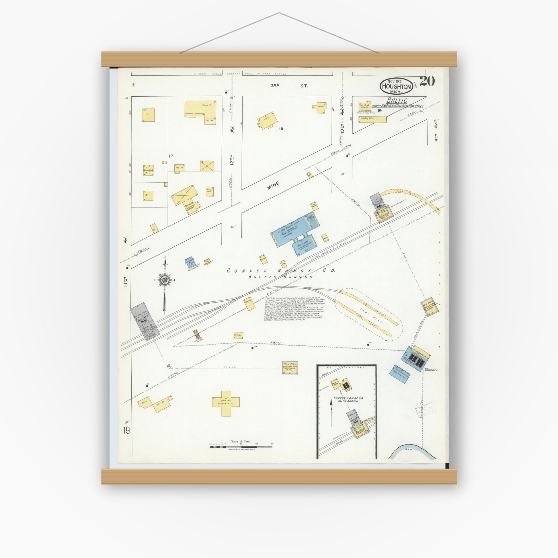 Old map wall art mockup — magnetic wood frame on white wall — Sanborn Fire Insurance Map from Houghton, Houghton County, Michigan (1917), Sheet #0020