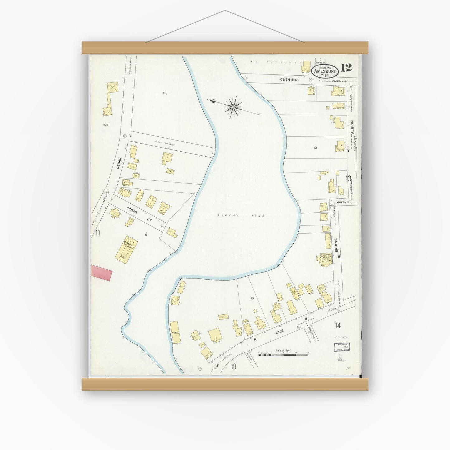 Old map wall art mockup — magnetic wood frame on white wall — Sanborn Fire Insurance Map from Amesbury, Essex County, Massachusetts (1909), Sheet #0012