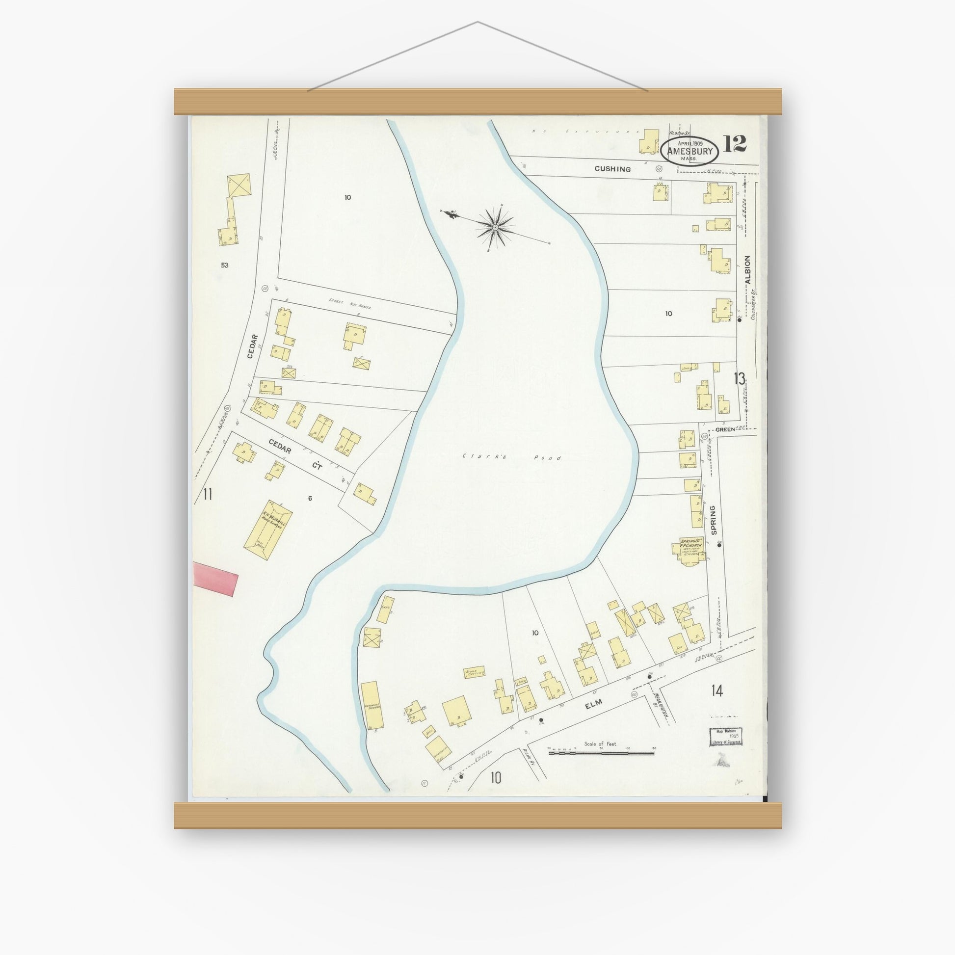 Old map wall art mockup — magnetic wood frame on white wall — Sanborn Fire Insurance Map from Amesbury, Essex County, Massachusetts (1909), Sheet #0012