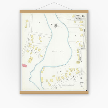 Old map wall art mockup — magnetic wood frame on white wall — Sanborn Fire Insurance Map from Amesbury, Essex County, Massachusetts (1909), Sheet #0012