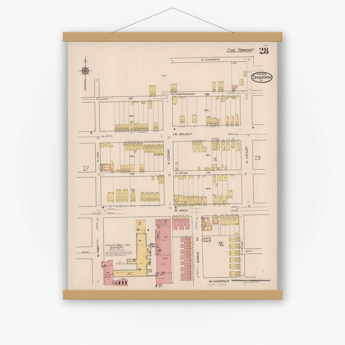 Old map wall art mockup — magnetic wood frame on white wall — Sanborn Fire Insurance Map from Shamokin, Northumberland County, Pennsylvania (1922), Sheet #0028