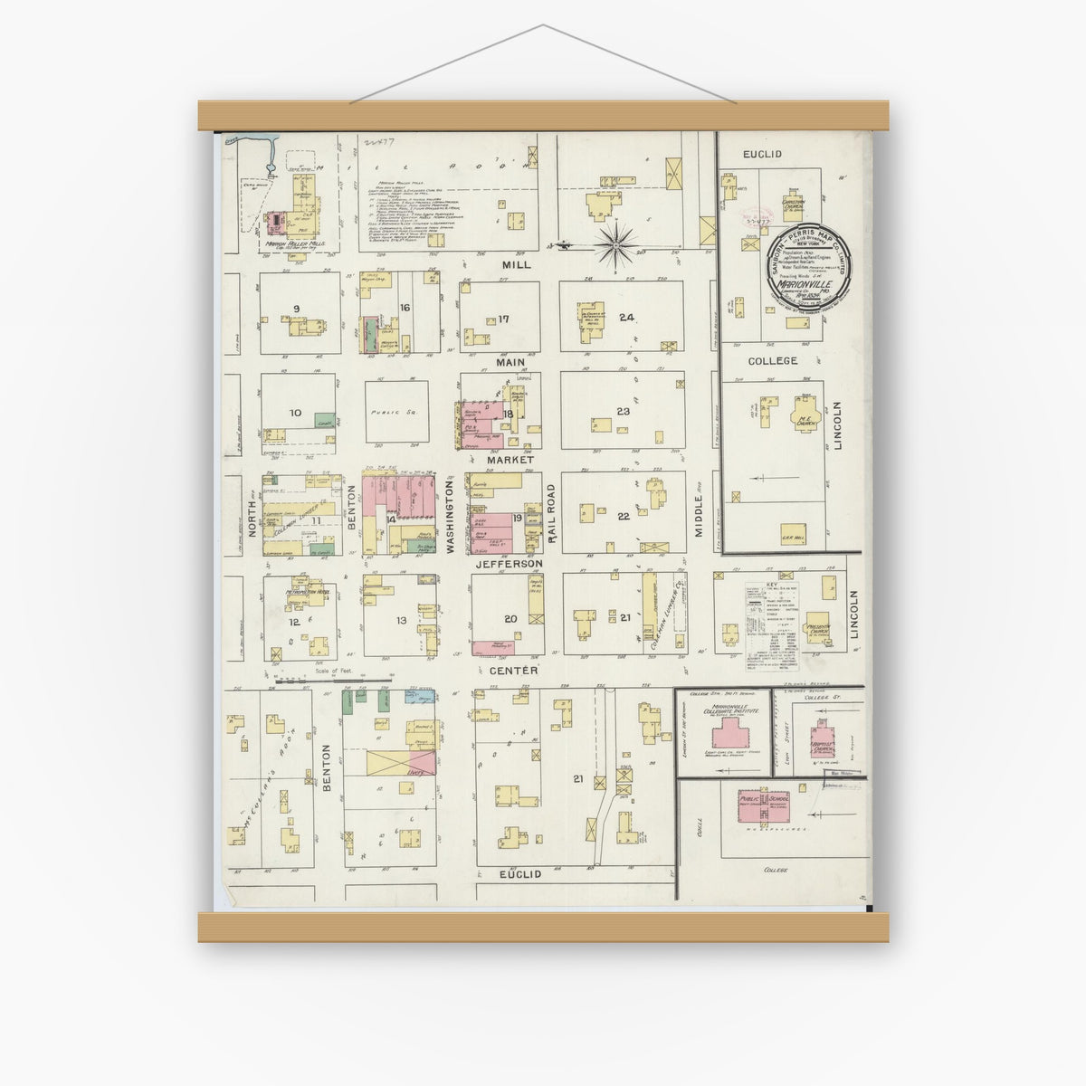 Old map wall art mockup — magnetic wood frame on white wall — Sanborn Fire Insurance Map from Marionville, Lawrence County, Missouri (1894), Sheet #0001