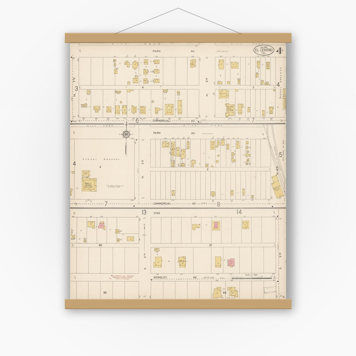 Old map wall art mockup — magnetic wood frame on white wall — Sanborn Fire Insurance Map from El Centro, Imperial County, California (1914), Sheet #0004