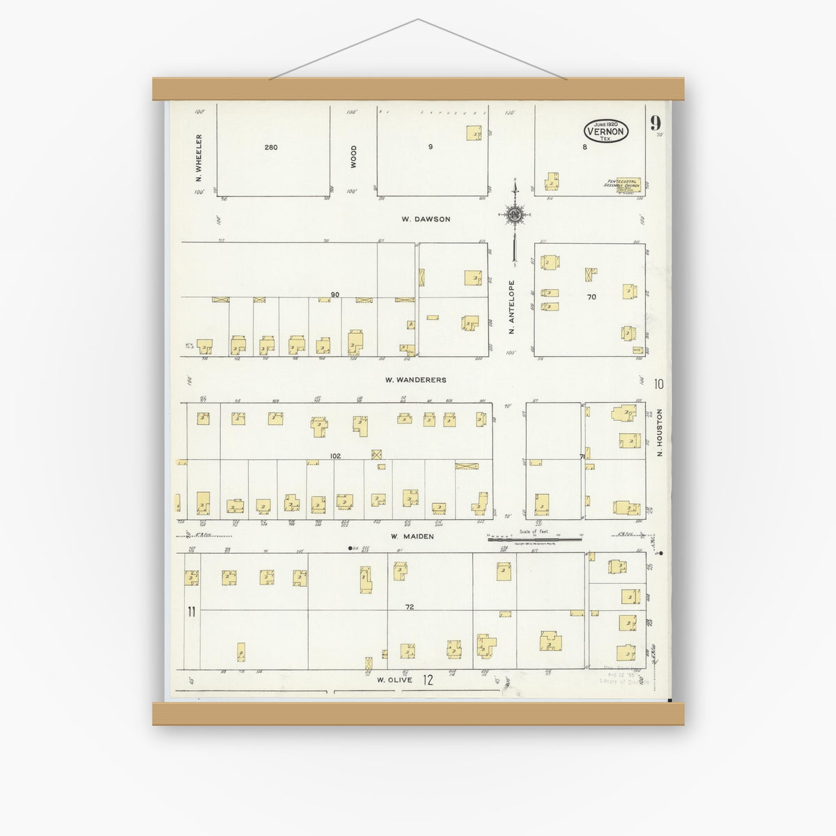 Old map wall art mockup — magnetic wood frame on white wall — Sanborn Fire Insurance Map from Vernon, Wilbarger County, Texas (1920), Sheet #0009