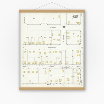 Old map wall art mockup — magnetic wood frame on white wall — Sanborn Fire Insurance Map from Vernon, Wilbarger County, Texas (1920), Sheet #0009