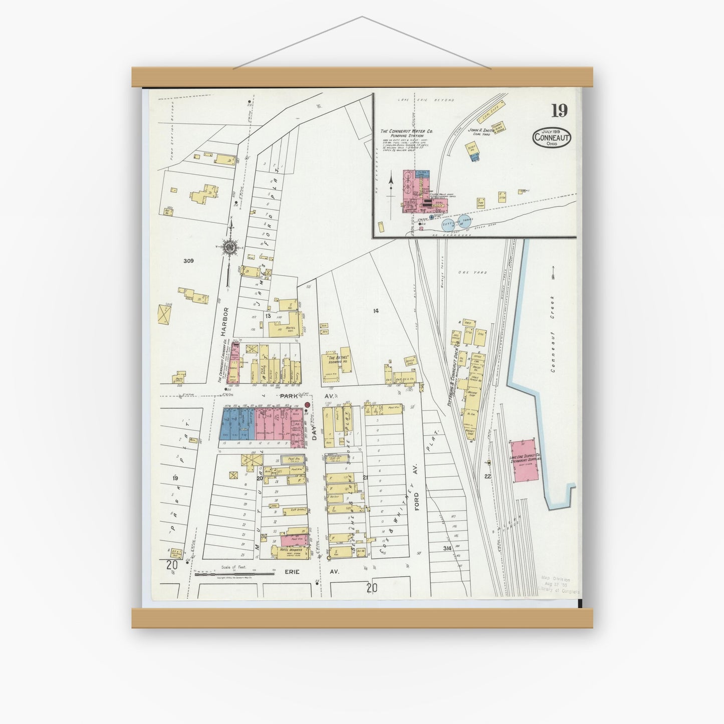 Old map wall art mockup — magnetic wood frame on white wall — Sanborn Fire Insurance Map from Conneaut, Ashtabula County, Ohio (1919), Sheet #0019