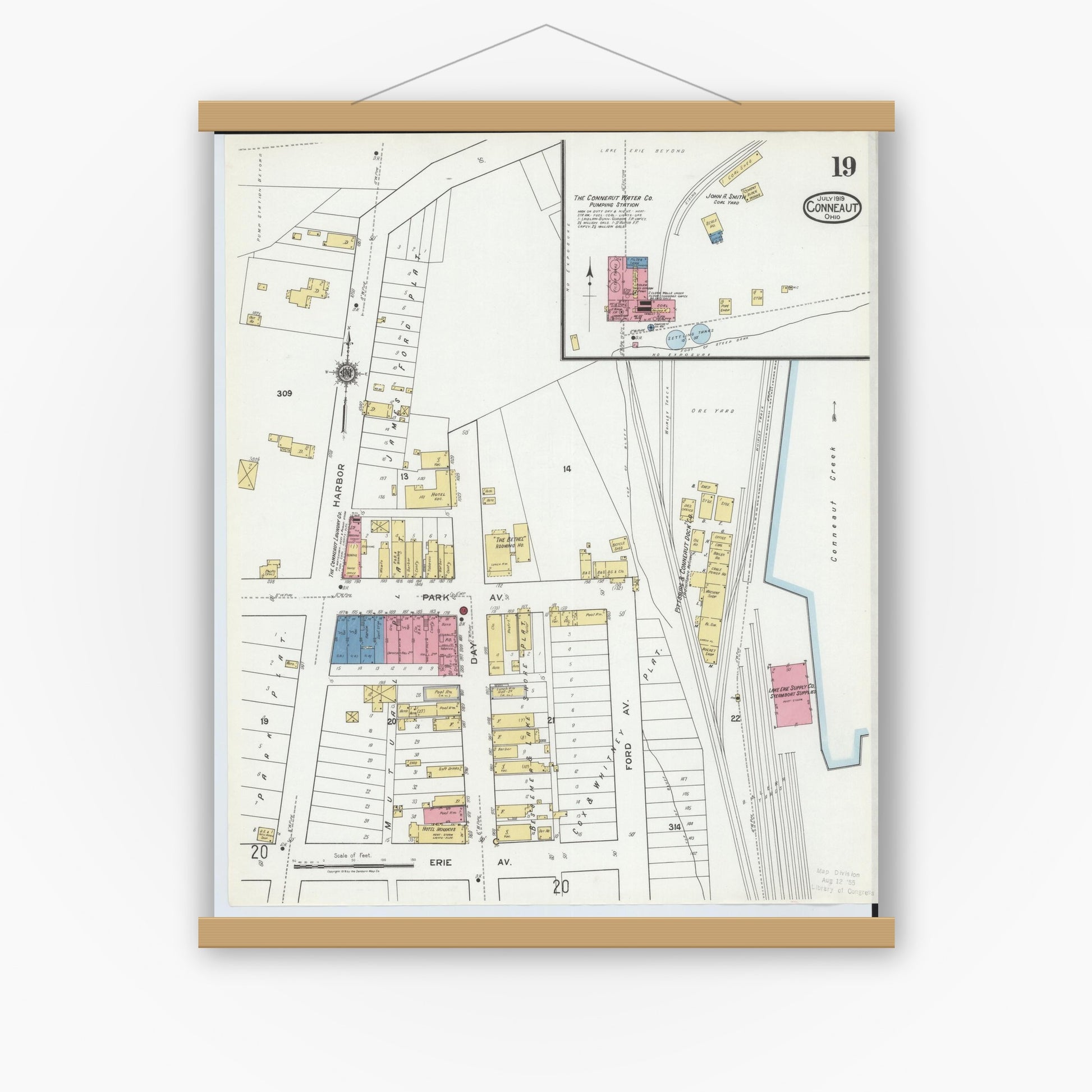 Old map wall art mockup — magnetic wood frame on white wall — Sanborn Fire Insurance Map from Conneaut, Ashtabula County, Ohio (1919), Sheet #0019