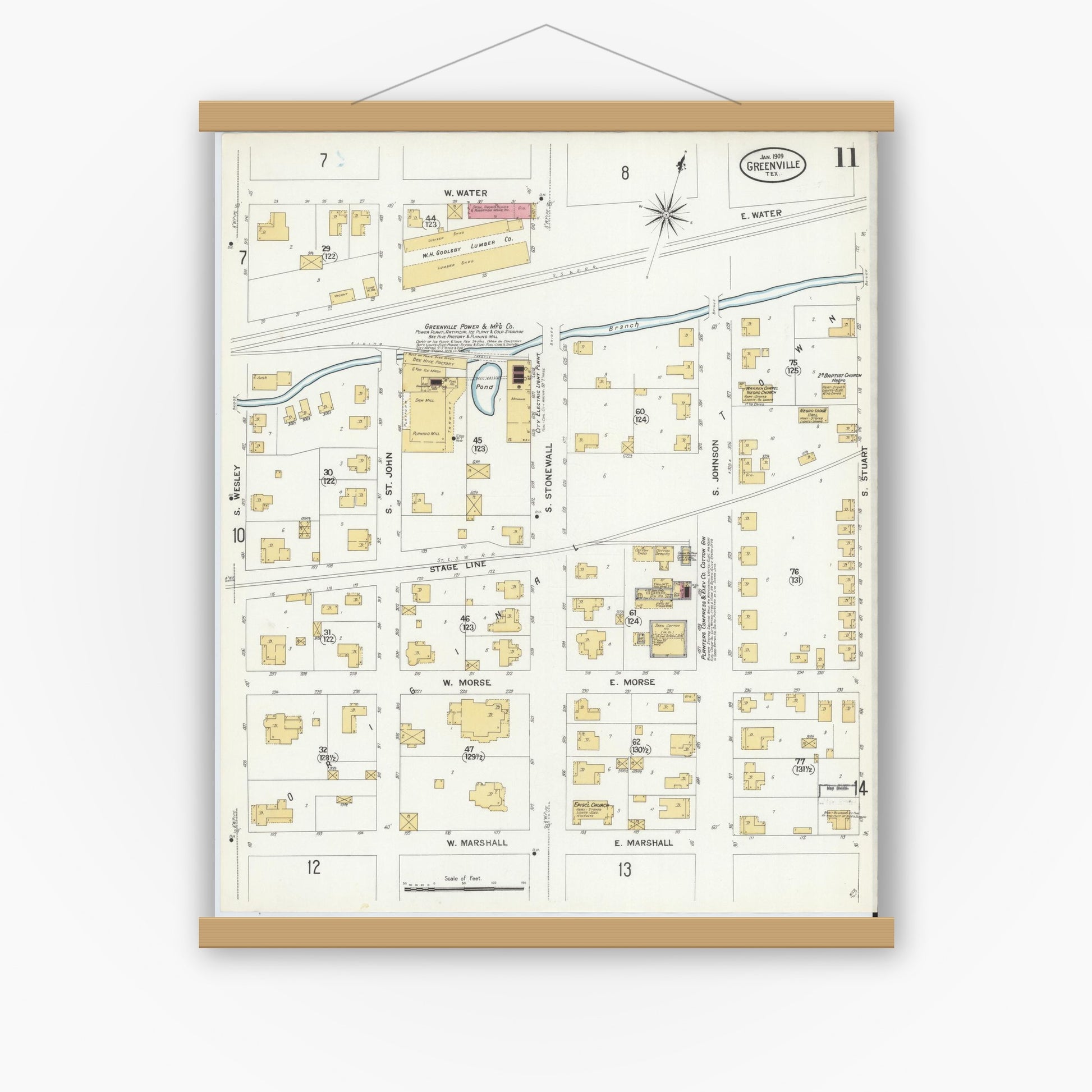 Old map wall art mockup — magnetic wood frame on white wall — Sanborn Fire Insurance Map from Greenville, Hunt County, Texas (1909), Sheet #0011