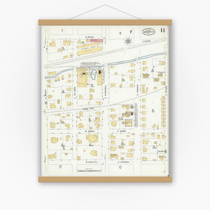 Old map wall art mockup — magnetic wood frame on white wall — Sanborn Fire Insurance Map from Greenville, Hunt County, Texas (1909), Sheet #0011