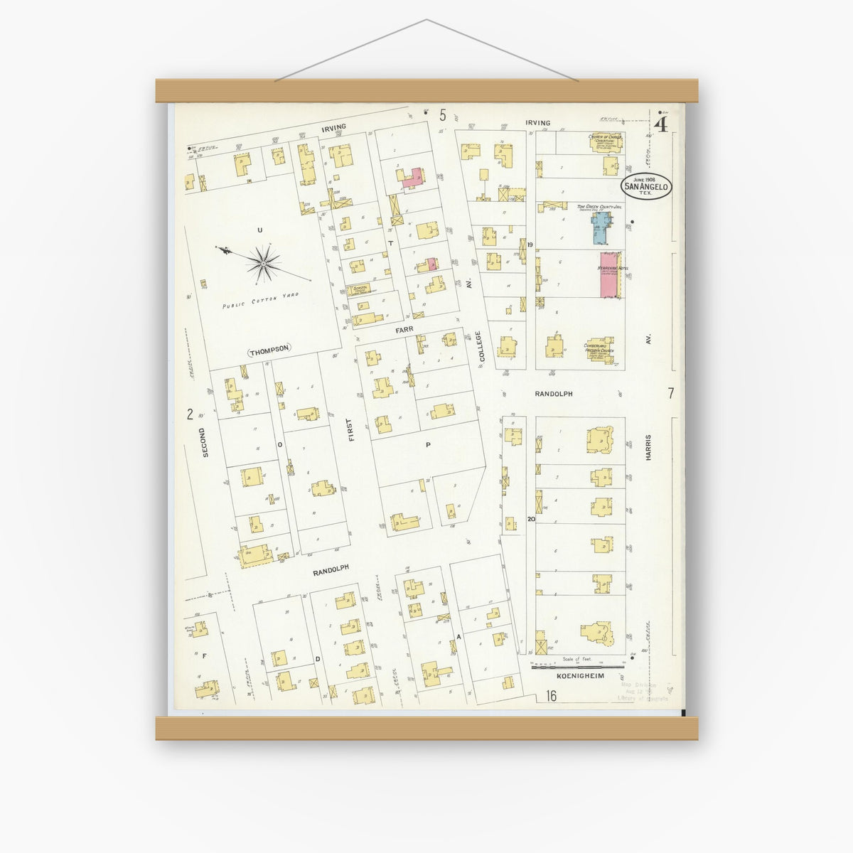 Old map wall art mockup — magnetic wood frame on white wall — Sanborn Fire Insurance Map from San Angelo, Tom Green County, Texas (1908), Sheet #0004