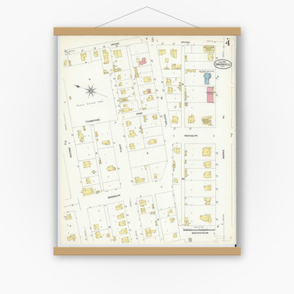 Old map wall art mockup — magnetic wood frame on white wall — Sanborn Fire Insurance Map from San Angelo, Tom Green County, Texas (1908), Sheet #0004