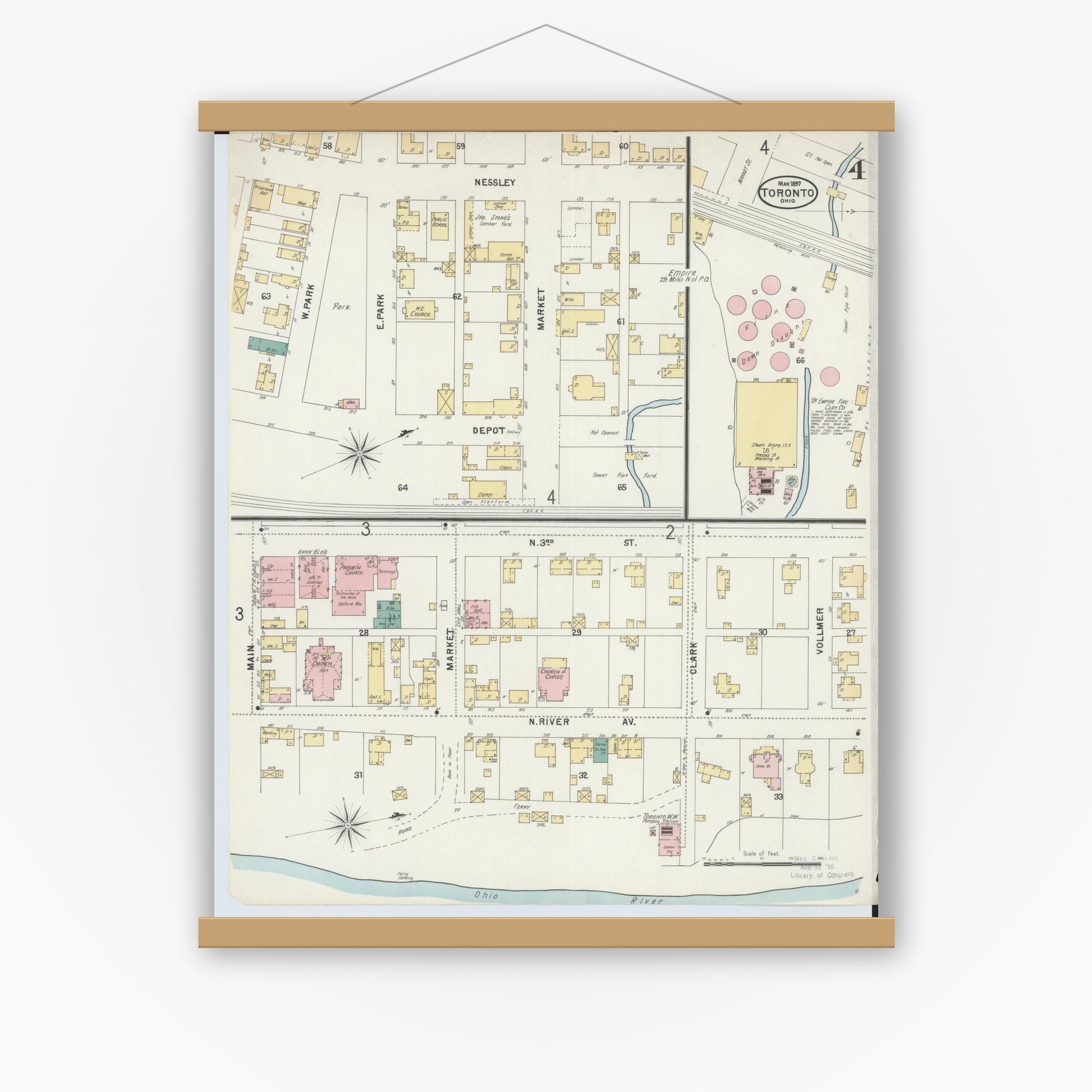 Old map wall art mockup — magnetic wood frame on white wall — Sanborn Fire Insurance Map from Toronto, Jefferson County, Ohio (1897), Sheet #0004