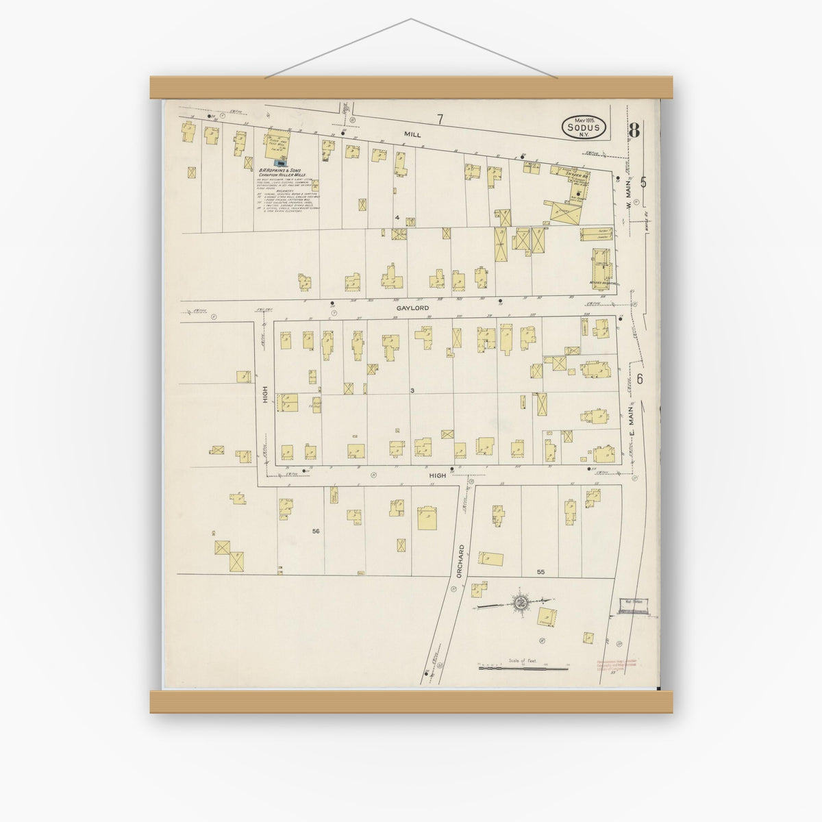 Old map wall art mockup — magnetic wood frame on white wall — Sanborn Fire Insurance Map from Sodus, Wayne County, New York (1915), Sheet #0008