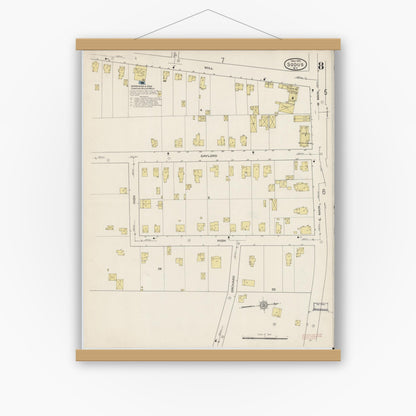Old map wall art mockup — magnetic wood frame on white wall — Sanborn Fire Insurance Map from Sodus, Wayne County, New York (1915), Sheet #0008