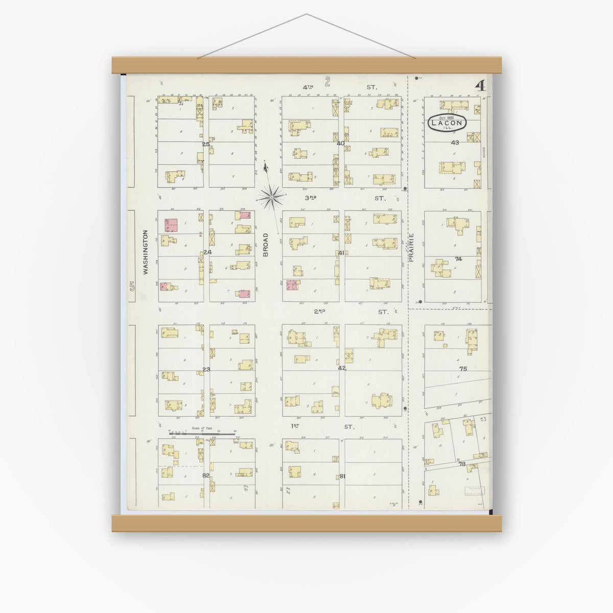 Old map wall art mockup — magnetic wood frame on white wall — Sanborn Fire Insurance Map from Lacon, Marshall County, Illinois (1893), Sheet #0004