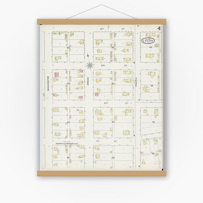 Old map wall art mockup — magnetic wood frame on white wall — Sanborn Fire Insurance Map from Lacon, Marshall County, Illinois (1893), Sheet #0004
