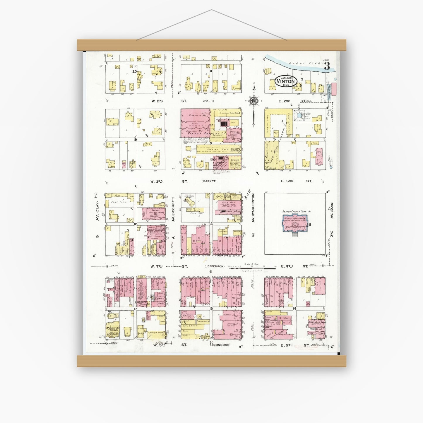 Old map wall art mockup — magnetic wood frame on white wall — Sanborn Fire Insurance Map from Vinton, Benton County, Iowa (1921), Sheet #0003