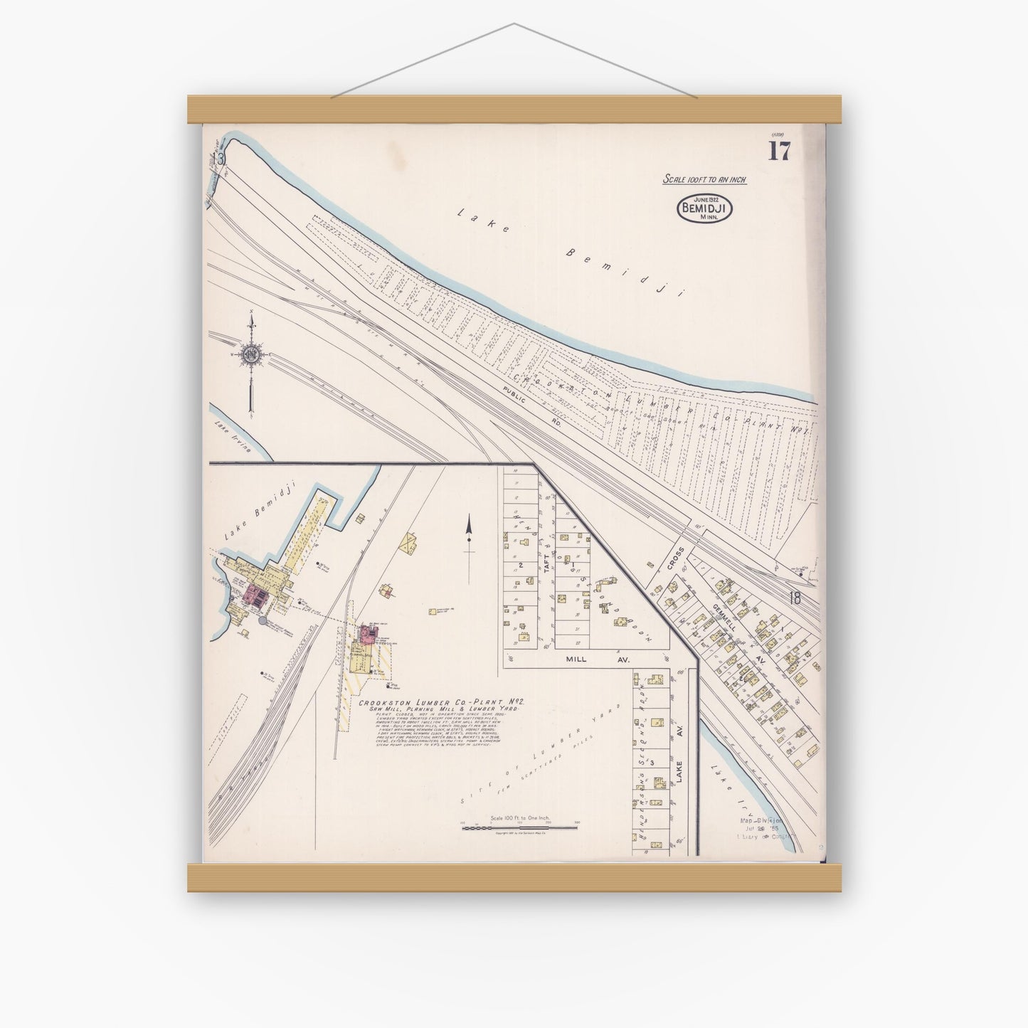 Old map wall art mockup — magnetic wood frame on white wall — Sanborn Fire Insurance Map from Bemidji, Beltrami County, Minnesota (1922), Sheet #0017