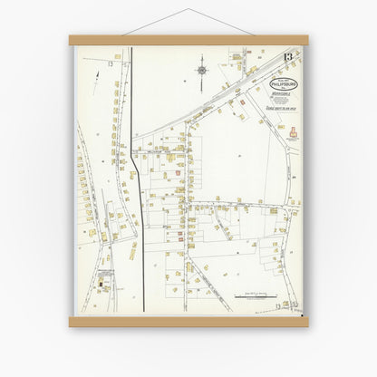 Old map wall art mockup — magnetic wood frame on white wall — Sanborn Fire Insurance Map from Philipsburg, Centre County, Pennsylvania (1917), Sheet #0013
