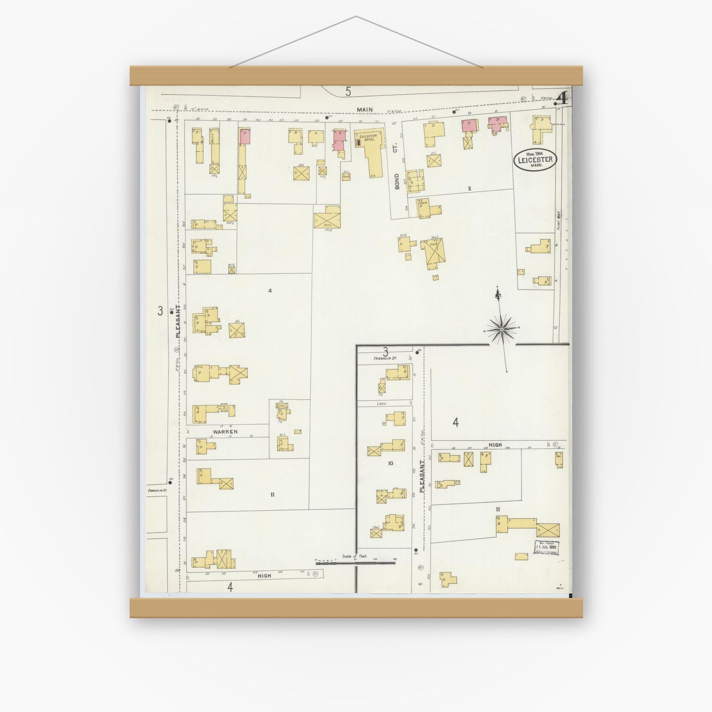Old map wall art mockup — magnetic wood frame on white wall — Sanborn Fire Insurance Map from Leicester, Worcester County, Massachusetts (1904), Sheet #0004