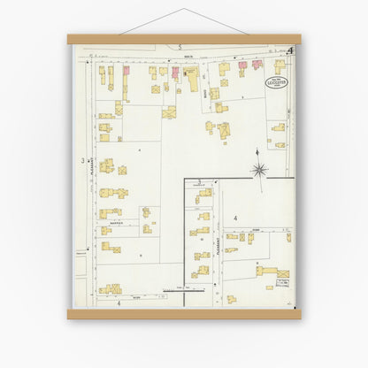 Old map wall art mockup — magnetic wood frame on white wall — Sanborn Fire Insurance Map from Leicester, Worcester County, Massachusetts (1904), Sheet #0004