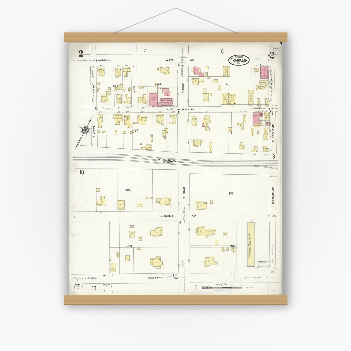 Old map wall art mockup — magnetic wood frame on white wall — Sanborn Fire Insurance Map from Franklin, Independent Cities, Virginia (1923), Sheet #0002