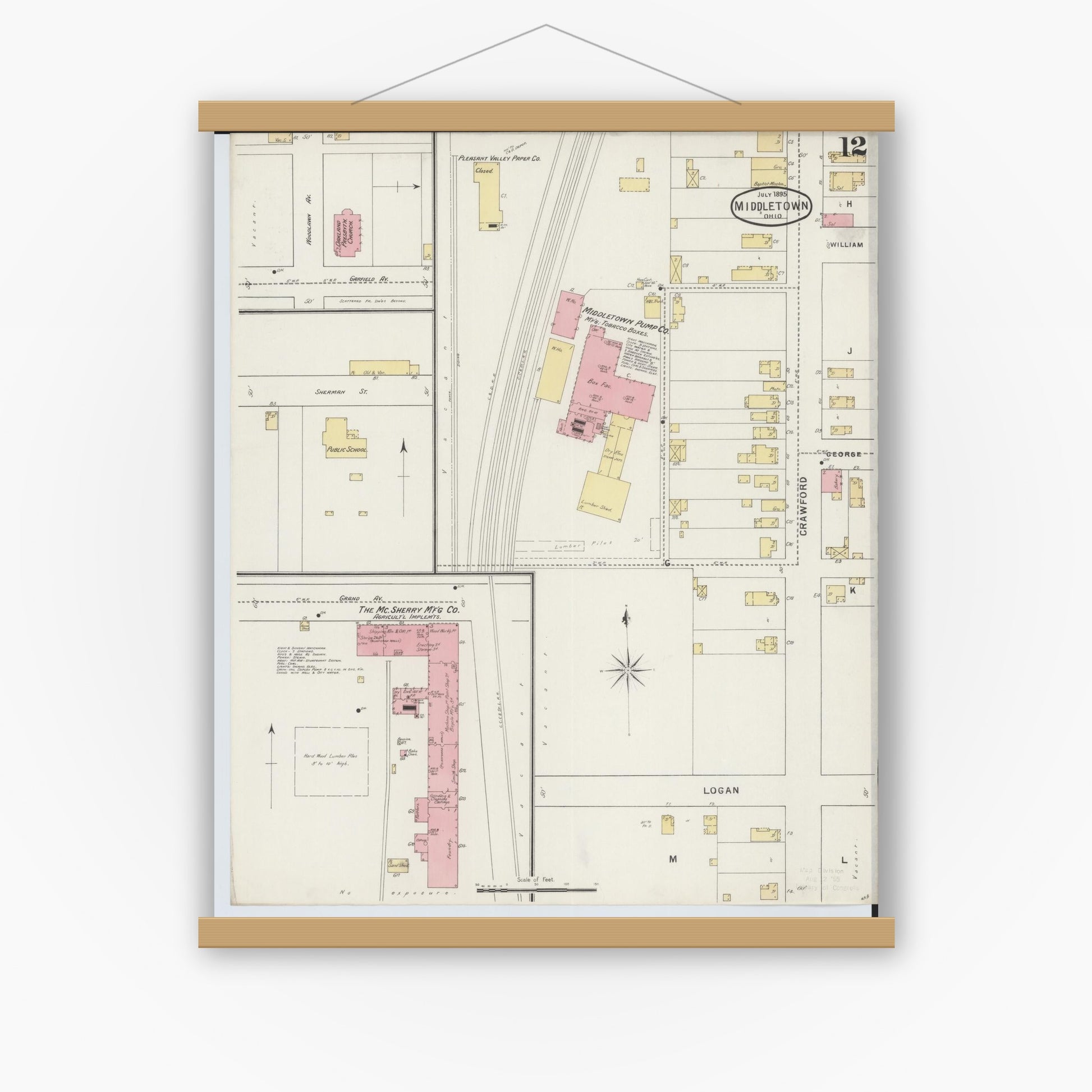 Old map wall art mockup — magnetic wood frame on white wall — Sanborn Fire Insurance Map from Middletown, Butler County, Ohio (1895), Sheet #0012