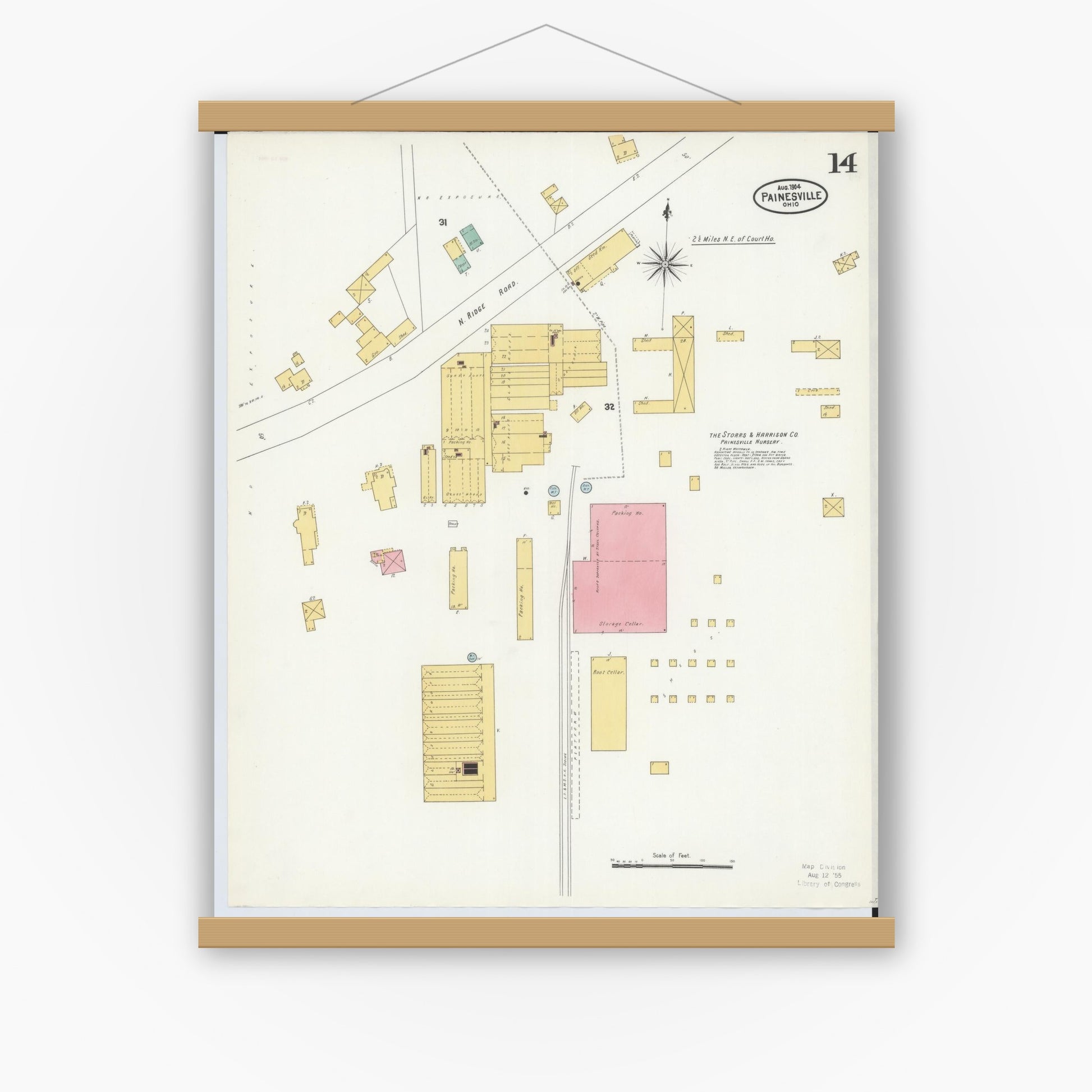 Old map wall art mockup — magnetic wood frame on white wall — Sanborn Fire Insurance Map from Painesville, Lake County, Ohio (1904), Sheet #0014