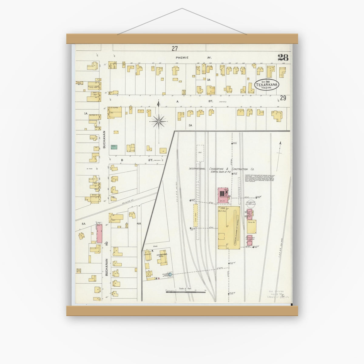 Old map wall art mockup — magnetic wood frame on white wall — Sanborn Fire Insurance Map from Texarkana, Bowie County, Texas (1905), Sheet #0028