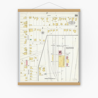 Old map wall art mockup — magnetic wood frame on white wall — Sanborn Fire Insurance Map from Texarkana, Bowie County, Texas (1905), Sheet #0028