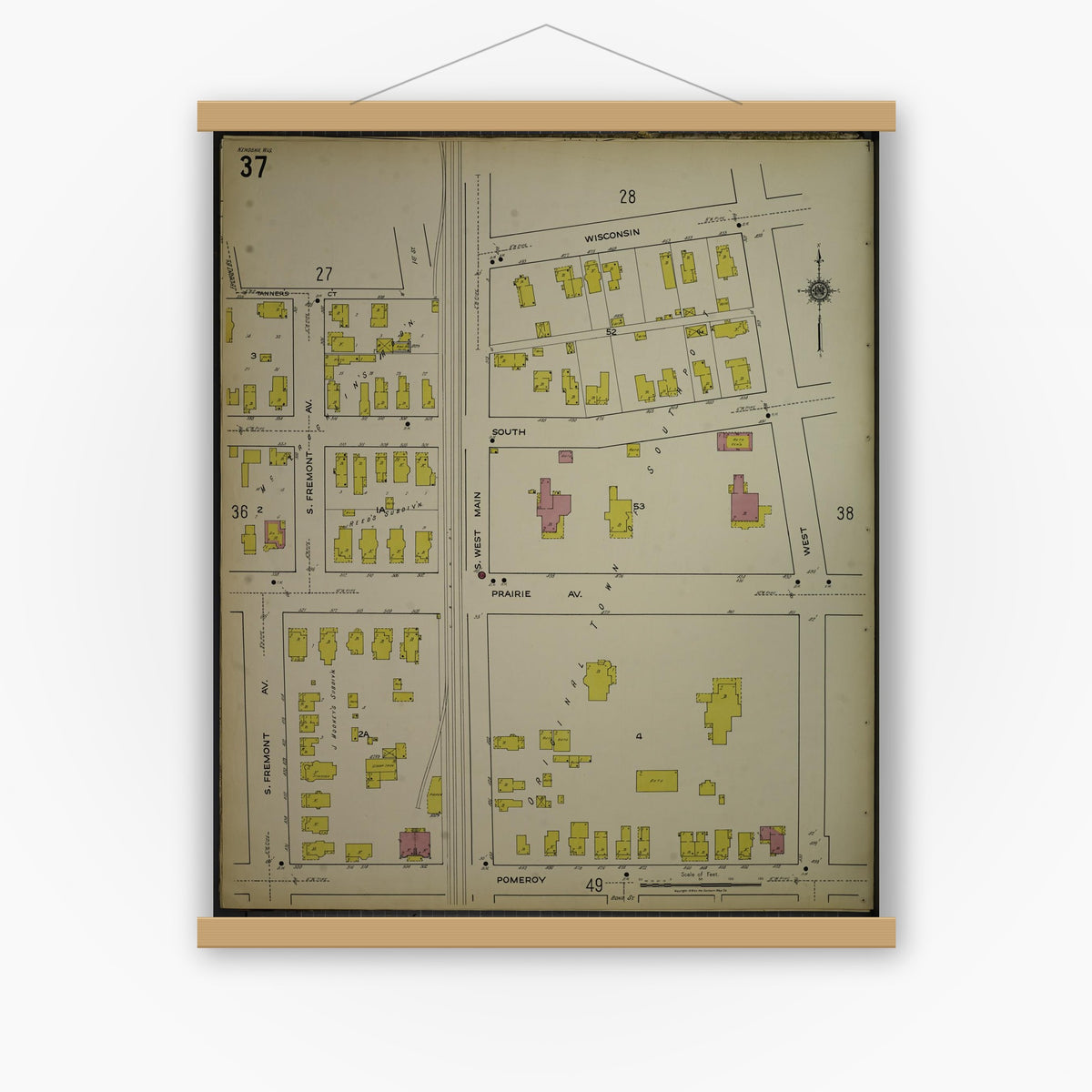 Old map wall art mockup — magnetic wood frame on white wall — Sanborn Fire Insurance Map from Kenosha, Kenosha County, Wisconsin. (1918), Sheet 41