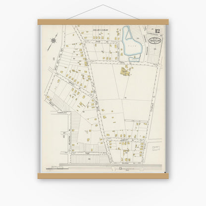 Old map wall art mockup — magnetic wood frame on white wall — Sanborn Fire Insurance Map from Babylon, Suffolk County, New York (1915), Sheet #0012