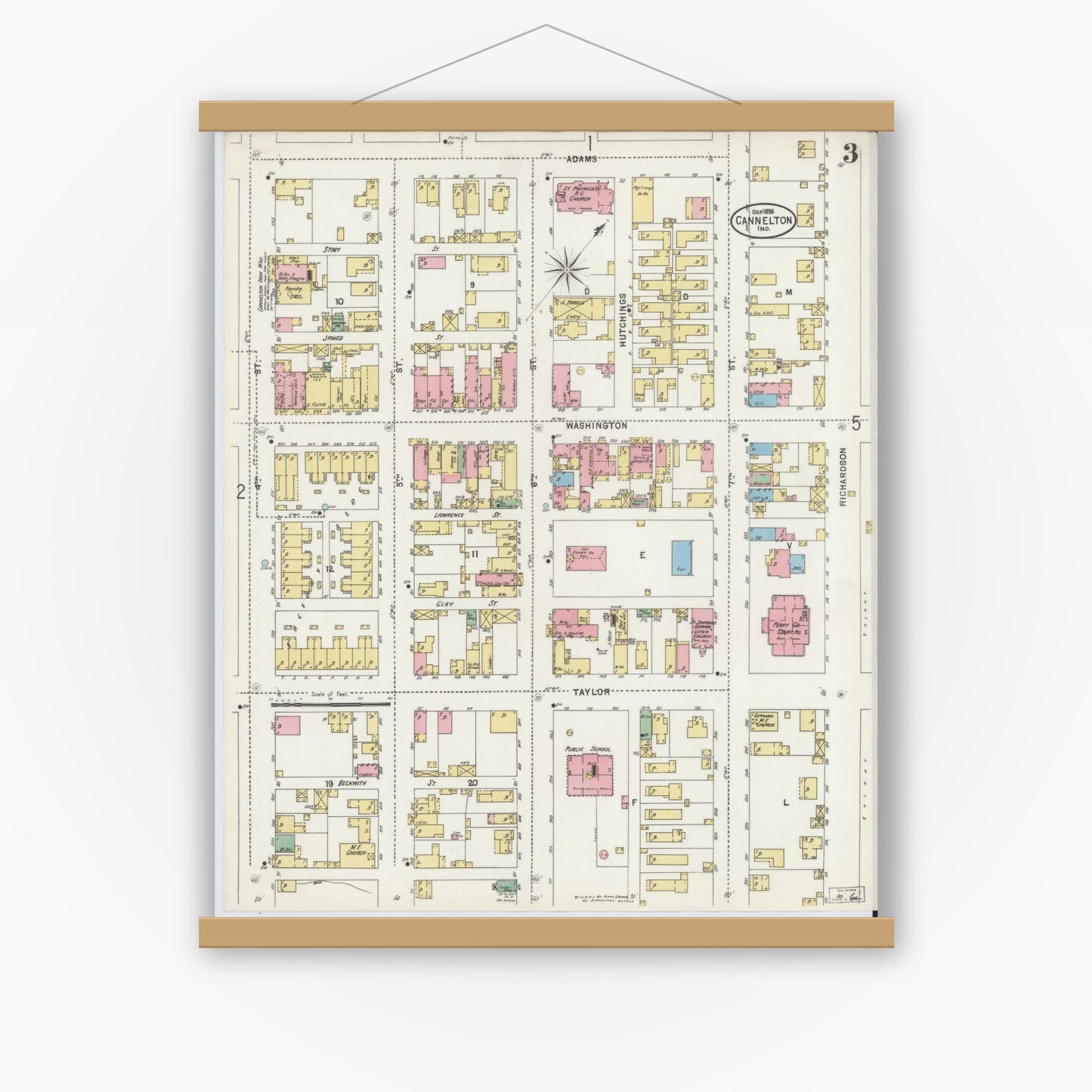 Old map wall art mockup — magnetic wood frame on white wall — Sanborn Fire Insurance Map from Cannelton, Perry County, Indiana (1898), Sheet #0003