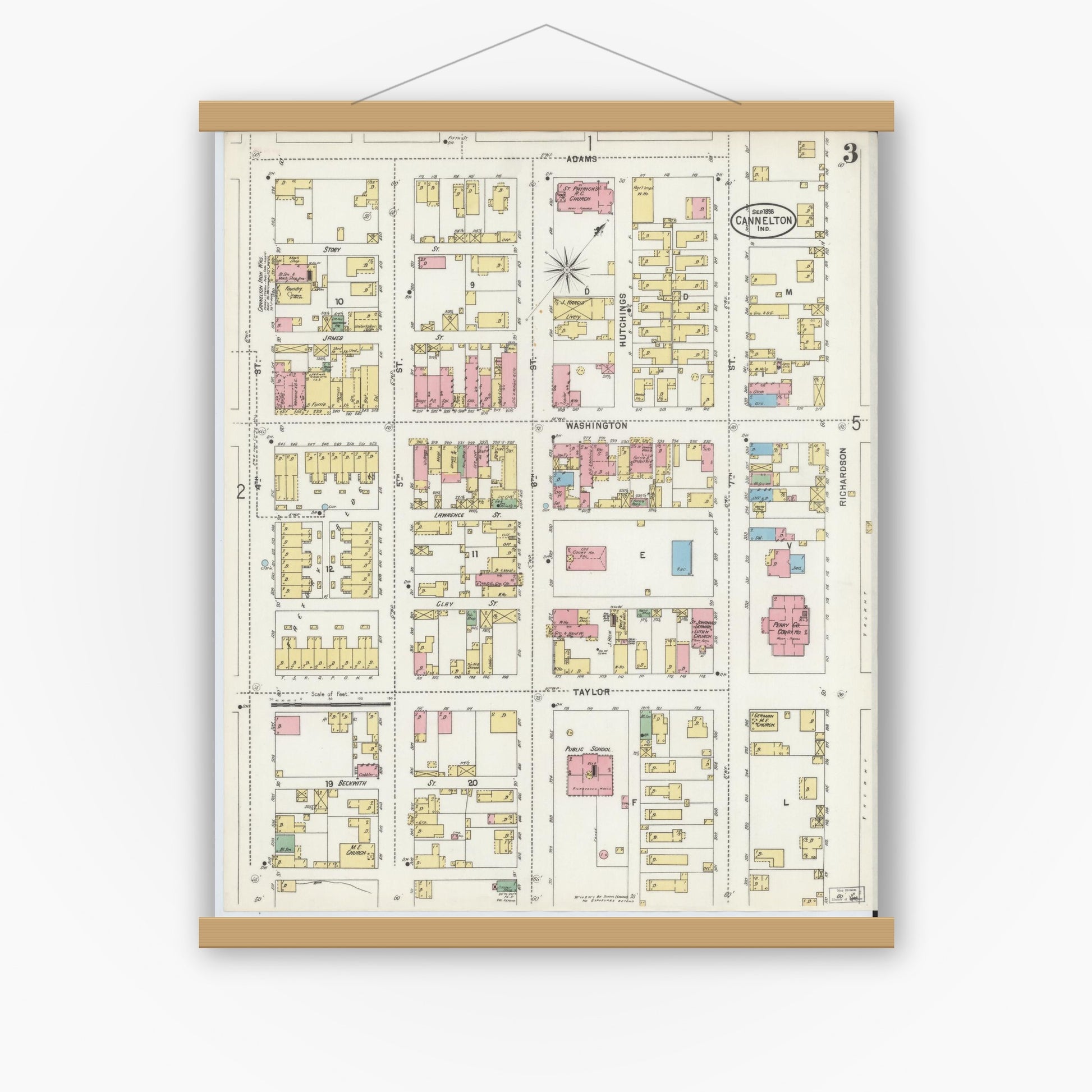 Old map wall art mockup — magnetic wood frame on white wall — Sanborn Fire Insurance Map from Cannelton, Perry County, Indiana (1898), Sheet #0003