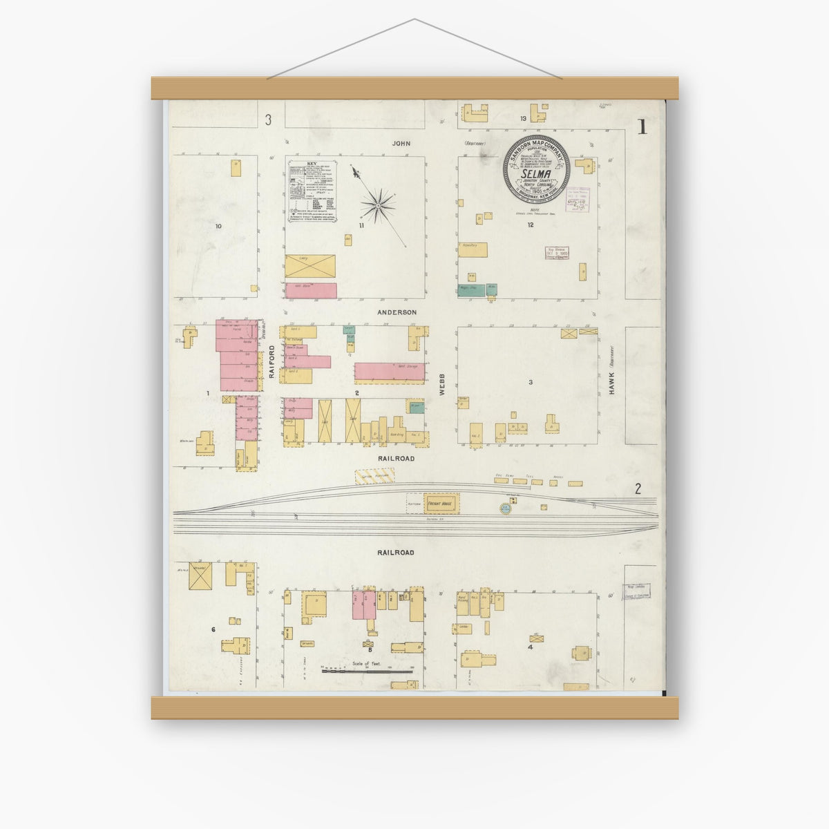 Old map wall art mockup — magnetic wood frame on white wall — Sanborn Fire Insurance Map from Selma, Johnston County, North Carolina (1905), Sheet #0001