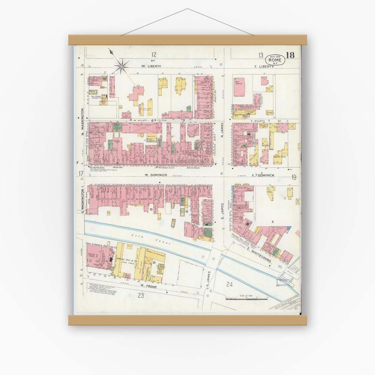 Old map wall art mockup — magnetic wood frame on white wall — Sanborn Fire Insurance Map from Rome, Oneida County, New York (1904), Sheet #0018