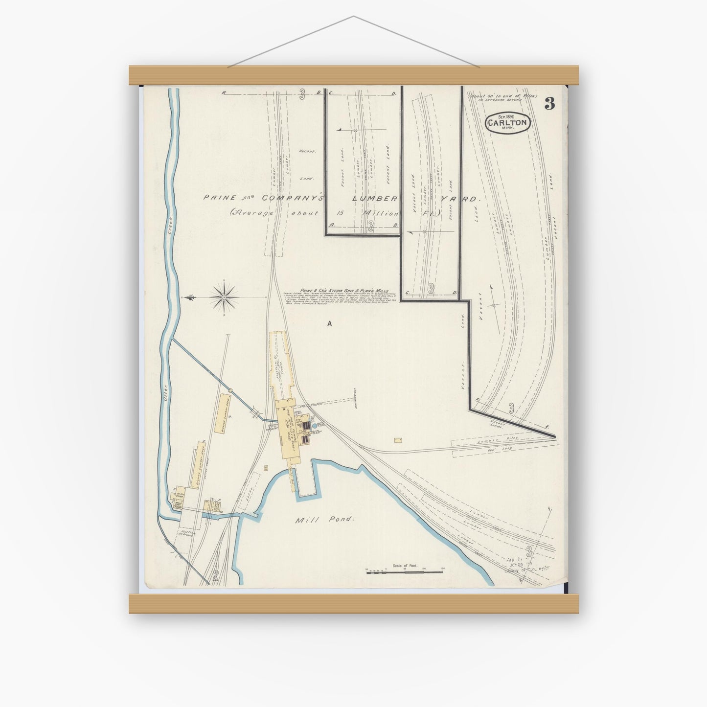 Old map wall art mockup — magnetic wood frame on white wall — Sanborn Fire Insurance Map from Carlton, Carlton County, Minnesota (1892), Sheet #0003