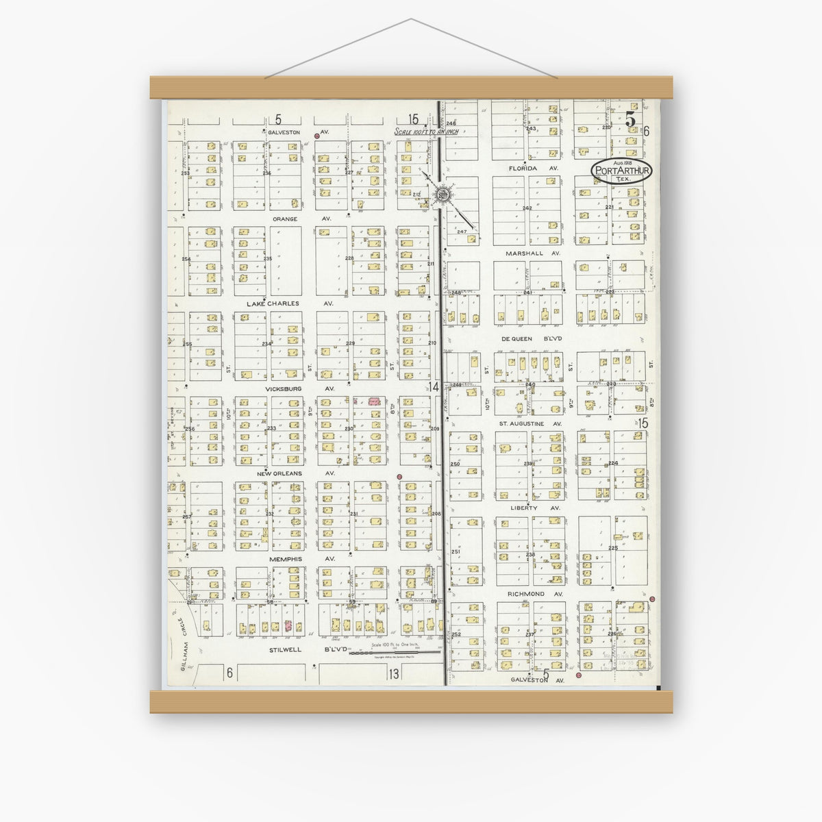 Old map wall art mockup — magnetic wood frame on white wall — Sanborn Fire Insurance Map from Port Arthur, Jefferson County, Texas (1918), Sheet #0005