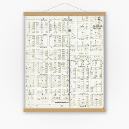 Old map wall art mockup — magnetic wood frame on white wall — Sanborn Fire Insurance Map from Port Arthur, Jefferson County, Texas (1918), Sheet #0005