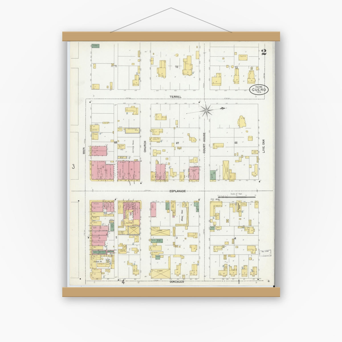 Old map wall art mockup — magnetic wood frame on white wall — Sanborn Fire Insurance Map from Cuero, De Witt County, Texas (1902), Sheet #0002