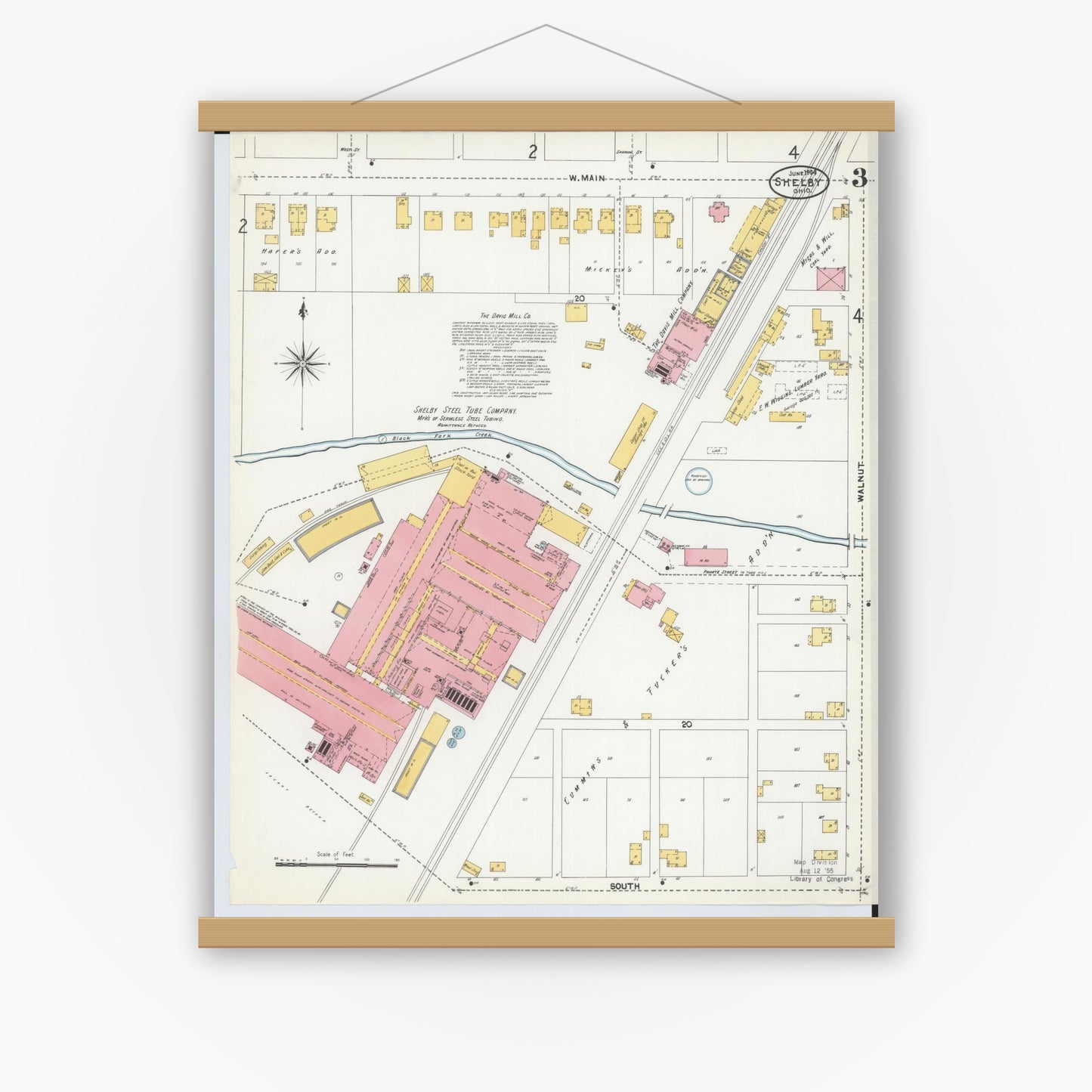 Old map wall art mockup — magnetic wood frame on white wall — Sanborn Fire Insurance Map from Shelby, Richland County, Ohio (1904), Sheet #0003