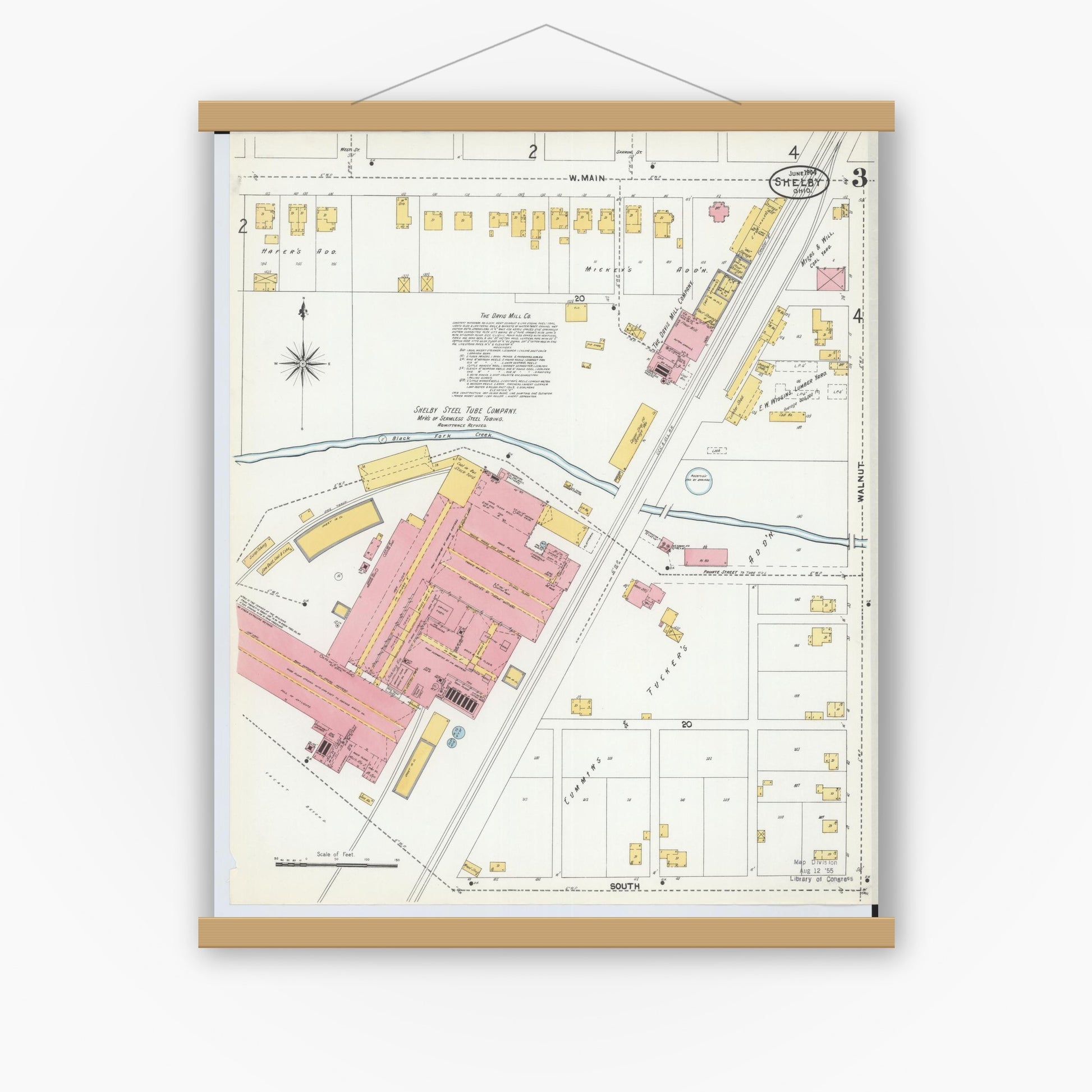 Old map wall art mockup — magnetic wood frame on white wall — Sanborn Fire Insurance Map from Shelby, Richland County, Ohio (1904), Sheet #0003
