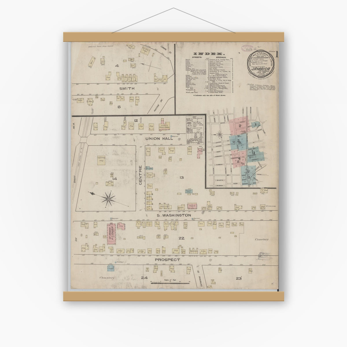 Old map wall art mockup — magnetic wood frame on white wall — Sanborn Fire Insurance Map from Jamaica, Queens County, New York (1886) - Complete Map Set