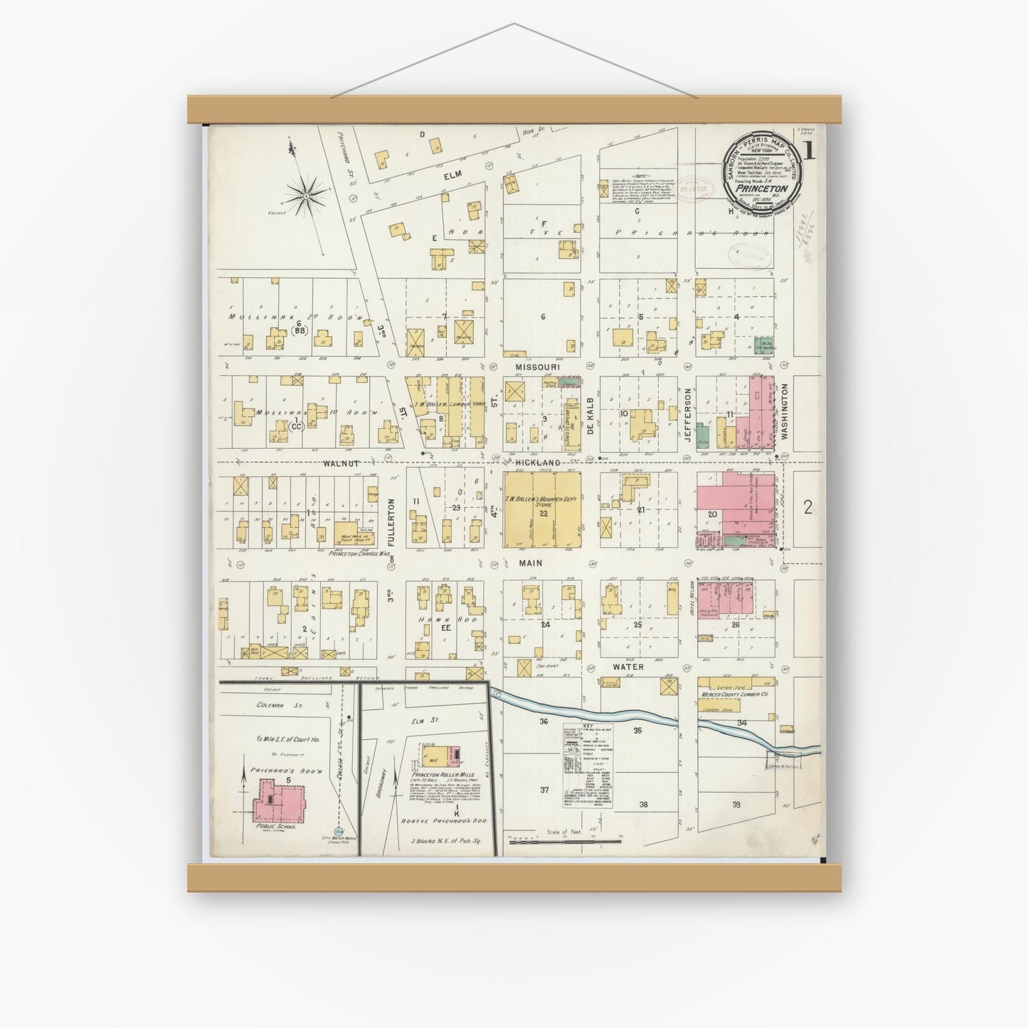 Old map wall art mockup — magnetic wood frame on white wall — Sanborn Fire Insurance Map from Princeton, Mercer County, Missouri (1898), Sheet #0001