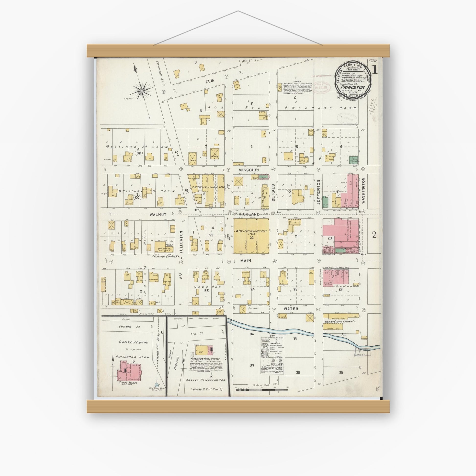Old map wall art mockup — magnetic wood frame on white wall — Sanborn Fire Insurance Map from Princeton, Mercer County, Missouri (1898), Sheet #0001