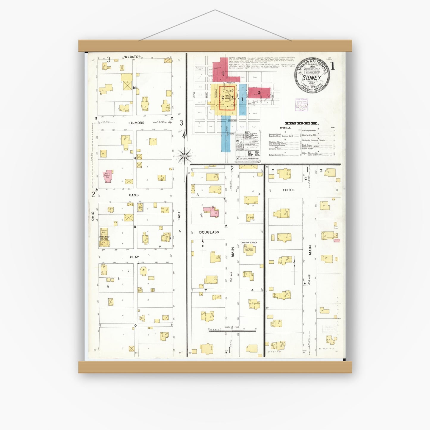 Old map wall art mockup — magnetic wood frame on white wall — Sanborn Fire Insurance Map from Sidney, Fremont County, Iowa (1908) â€” Complete Set